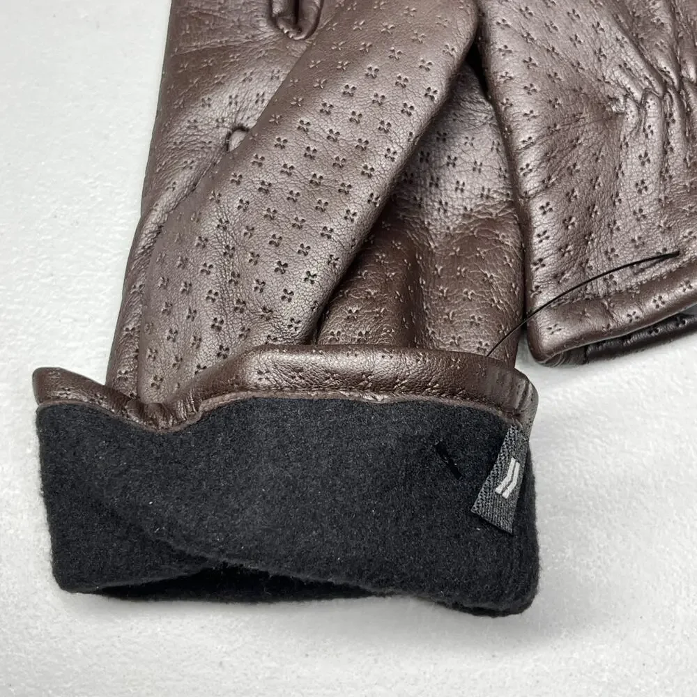 Perforated Leather Fleece Lined Gloves Brown Womens One Size Classic